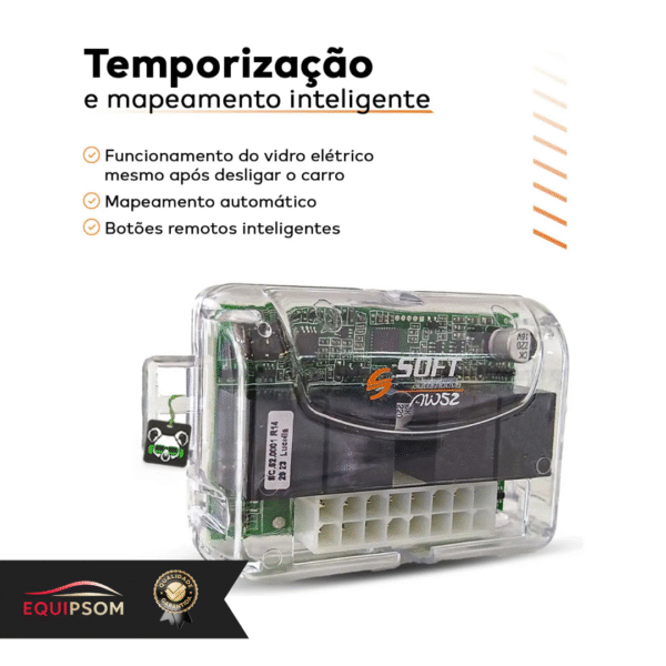 Automatize 2 vidros elétricos com segurança e inteligência! Módulo Soft AW52 com antiesmagamento NoShunt, subida/descida via alarme, temporização e configuração Bluetooth. Universal e completo.